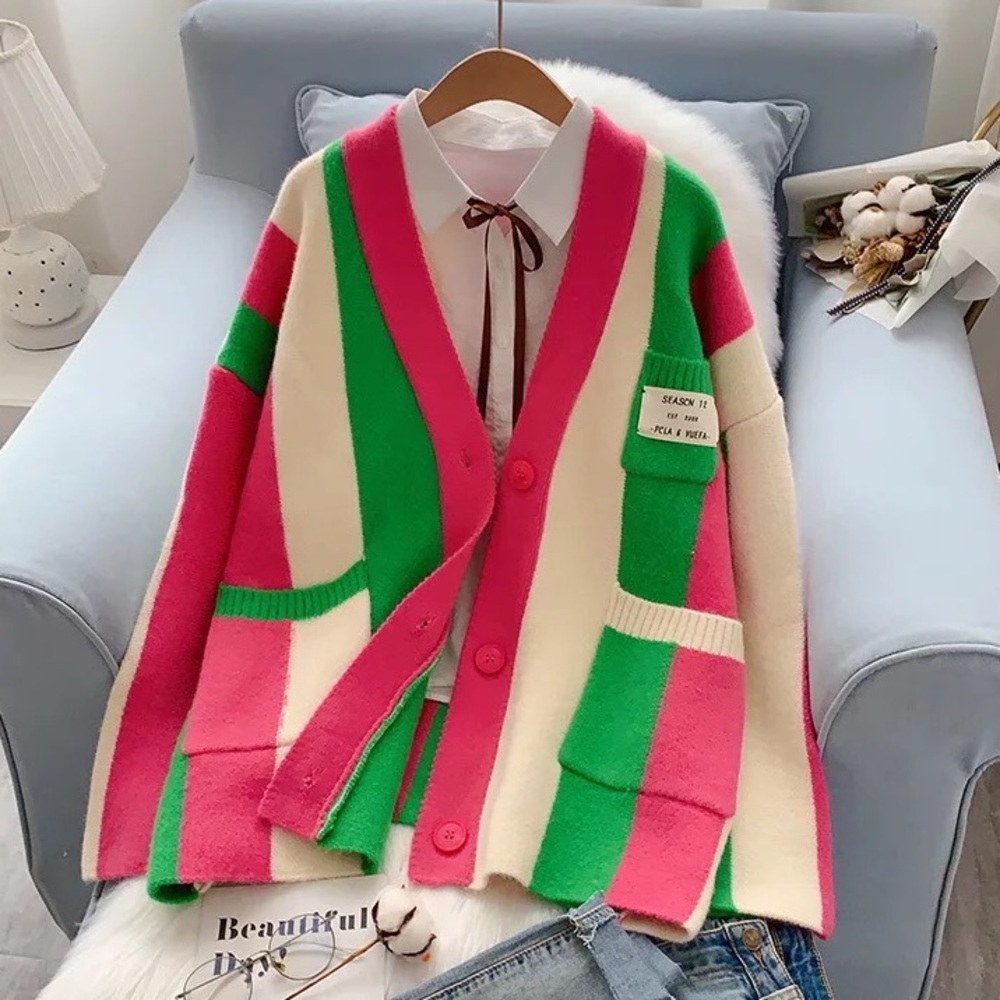 Stripe cardigan pink wide sleeve pocket sweater